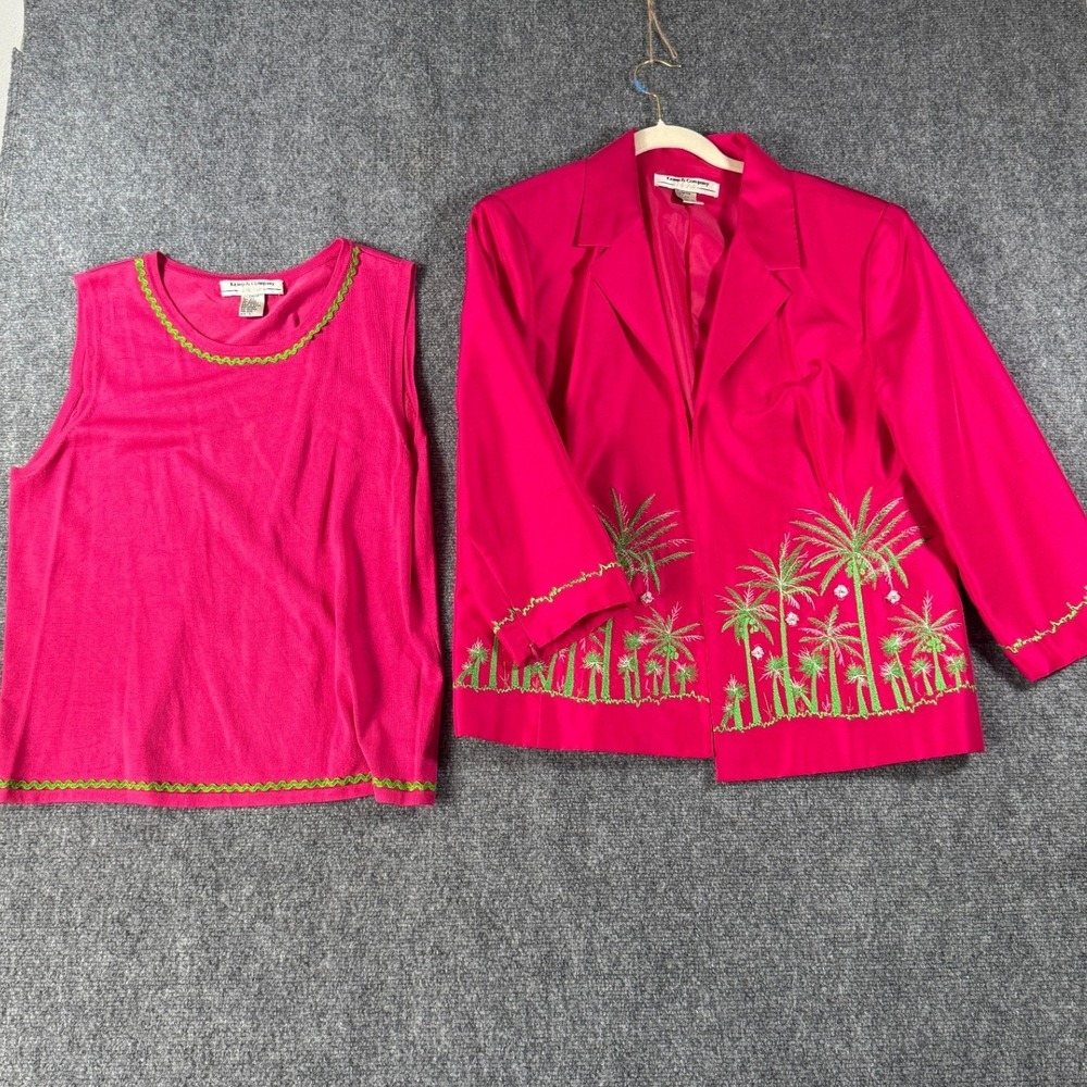 Kemp & Company Pink Tropical Palm Tree Silk Blazer Tank Top Set Women's